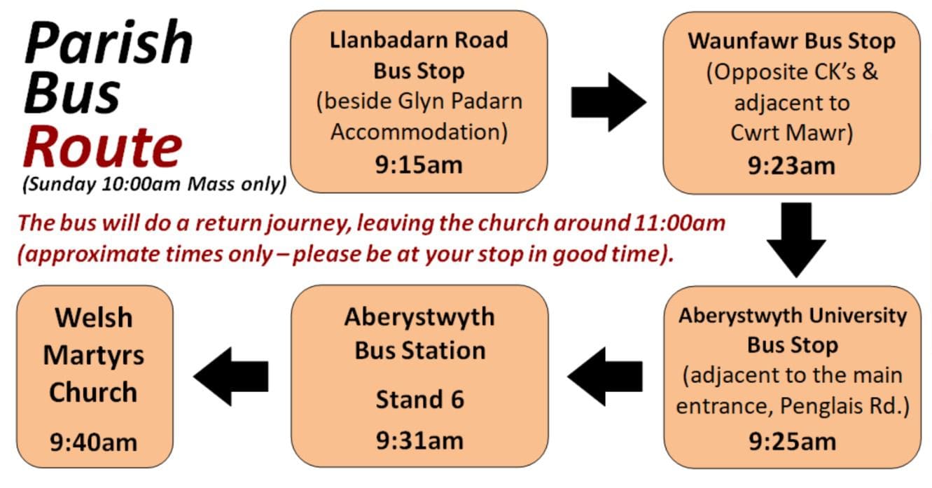 Route map and timetable of the parish bus, details repeated below.